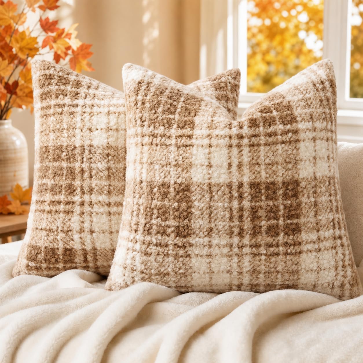 decorUhome Faux Fur Plaid Throw Pillow Covers 18X18 Set of 2 Khaki Brown