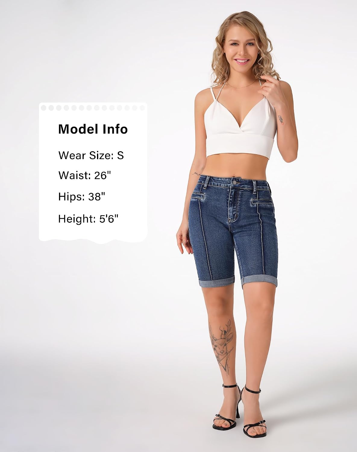 roswear Women's Jean Shorts Stretchy Skinny Knee Length Bermuda Shorts with Front Seam