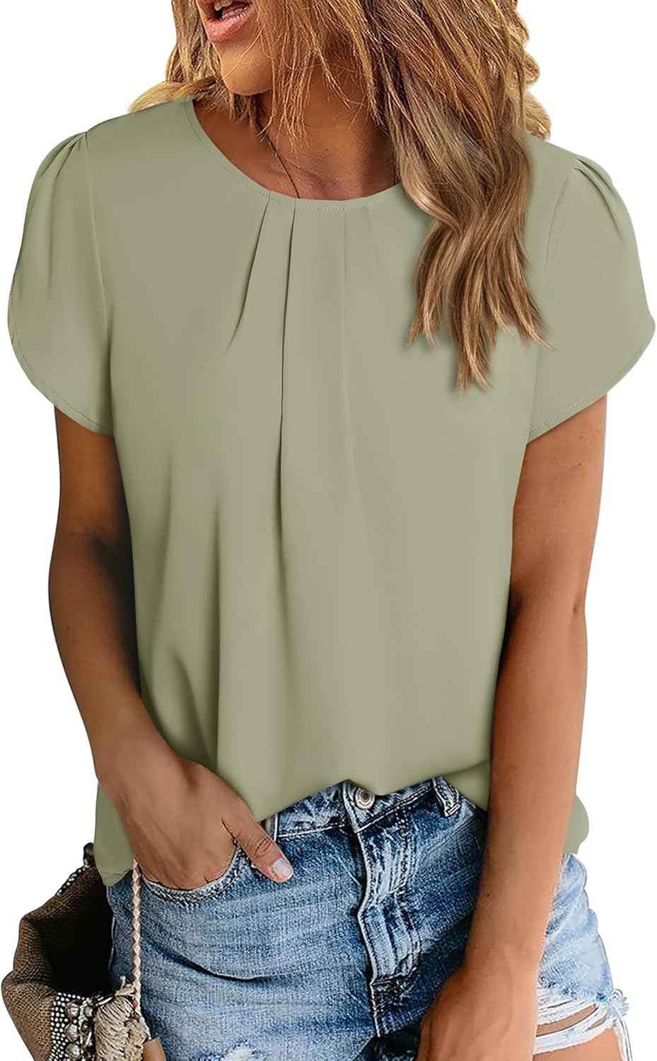 PRETTYGARDEN Women's Tops 2026 Casual Summer Round Neck Short Sleeve Basic Pleated Loose Fit Blouses Plain Tunic Shirts