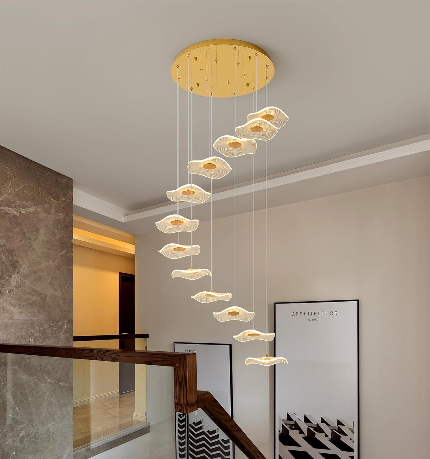 ziidoo High Ceiling Chandelier - 12-Light Dimmable Modern Gold Long Spiral Luxury Linear Lotus Leaf Led Lamp Hanging Pendant Lights for Foyer Enterway Staircase Villas