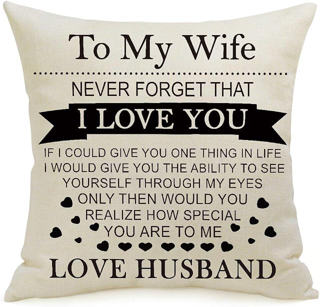 Valentines Day Anniversary Birthday Gifts for Wife - Cotton Linen Pillow Case Without Insert Decorative Sofa Cushion Cover Square Pillowcase Wedding Thanksgiving Gift for Wife, 45 x 45CM (Heart Wife)