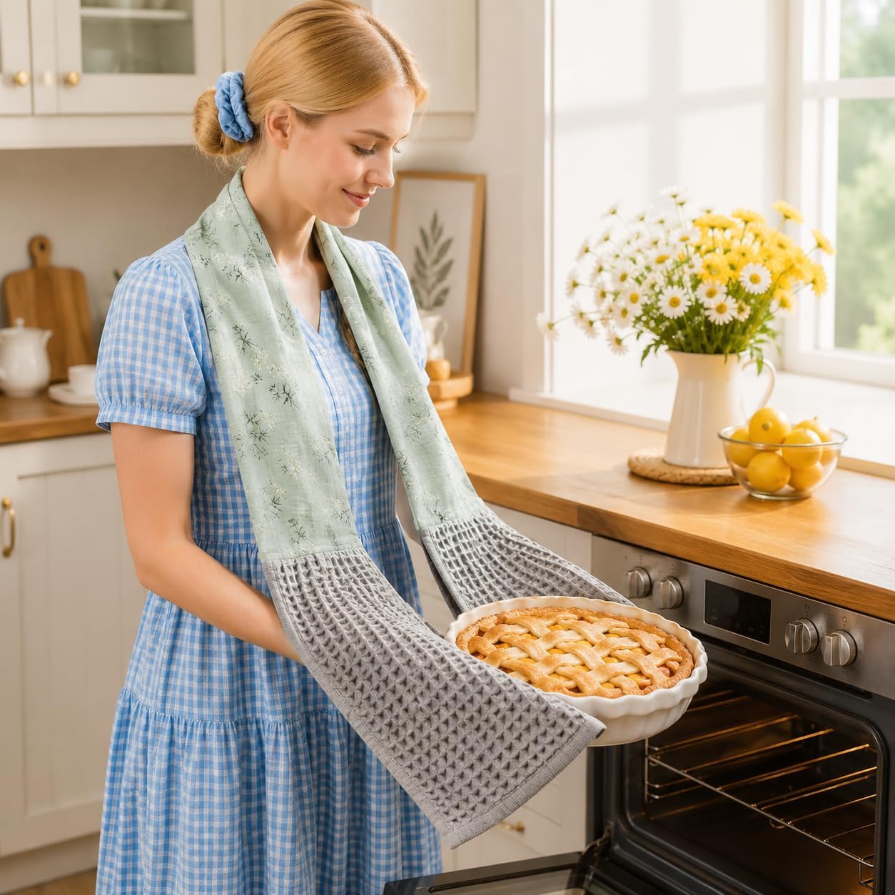 100% Cotton Waffle Weave Floral Bib Apron & Kitchen Towel Scarf, Hand Towel for Cooking, Cleaning & Decoration image 4