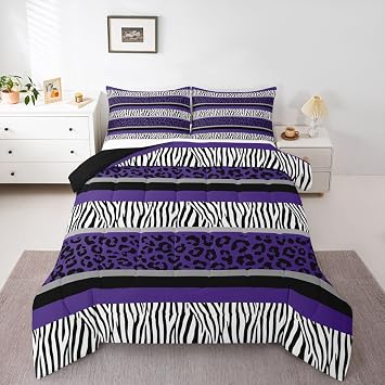 Feelyou Leopard Print Comforter Set Zebra Stripes Bedding Set for Kids Boys Girls Teens Purple Black White Zebra Leopard Fur Comforter Safari Animal Hair Duvet Set Room Decor Quilt Set Queen Size