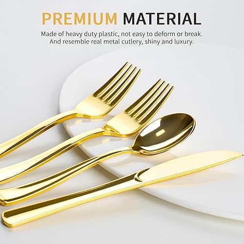 Miniatura 4 de Qeirudu Juego de cubiertos de plástico dorado de 100 piezas, cubiertos desechables de plástico resistentes, incluye 50 tenedores, 25 cucharas y 25