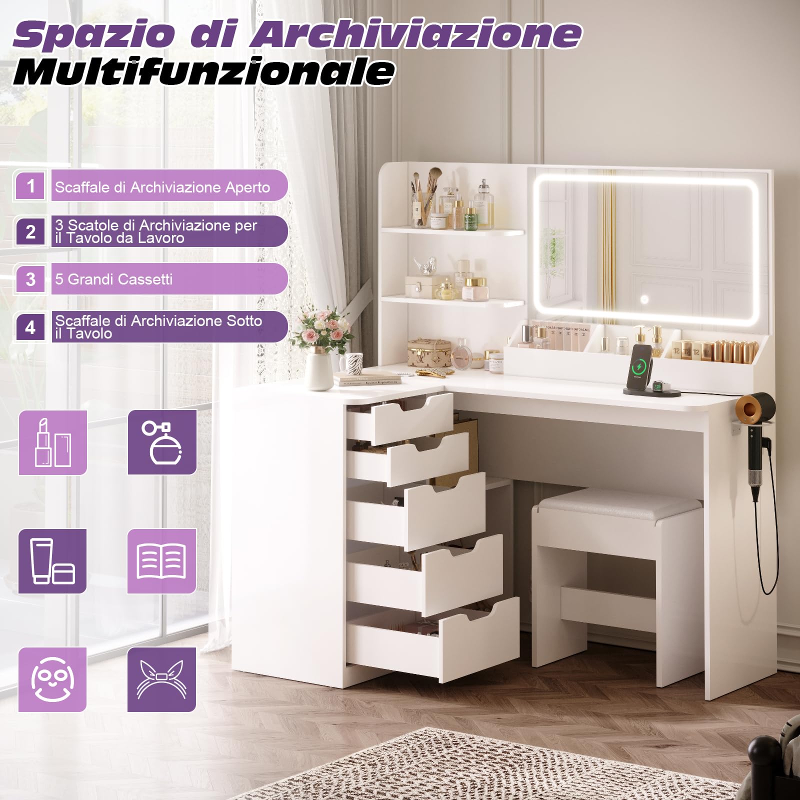 TRIUMPHKEY Toeletta da Trucco Angolare con Sgabello,Tavolo Trucco con Luci LED,2 Porta USB,5 Cassetti,Ripiani Aperti,Postazione Trucco per Camera da Letto,Moderno (Bianco)