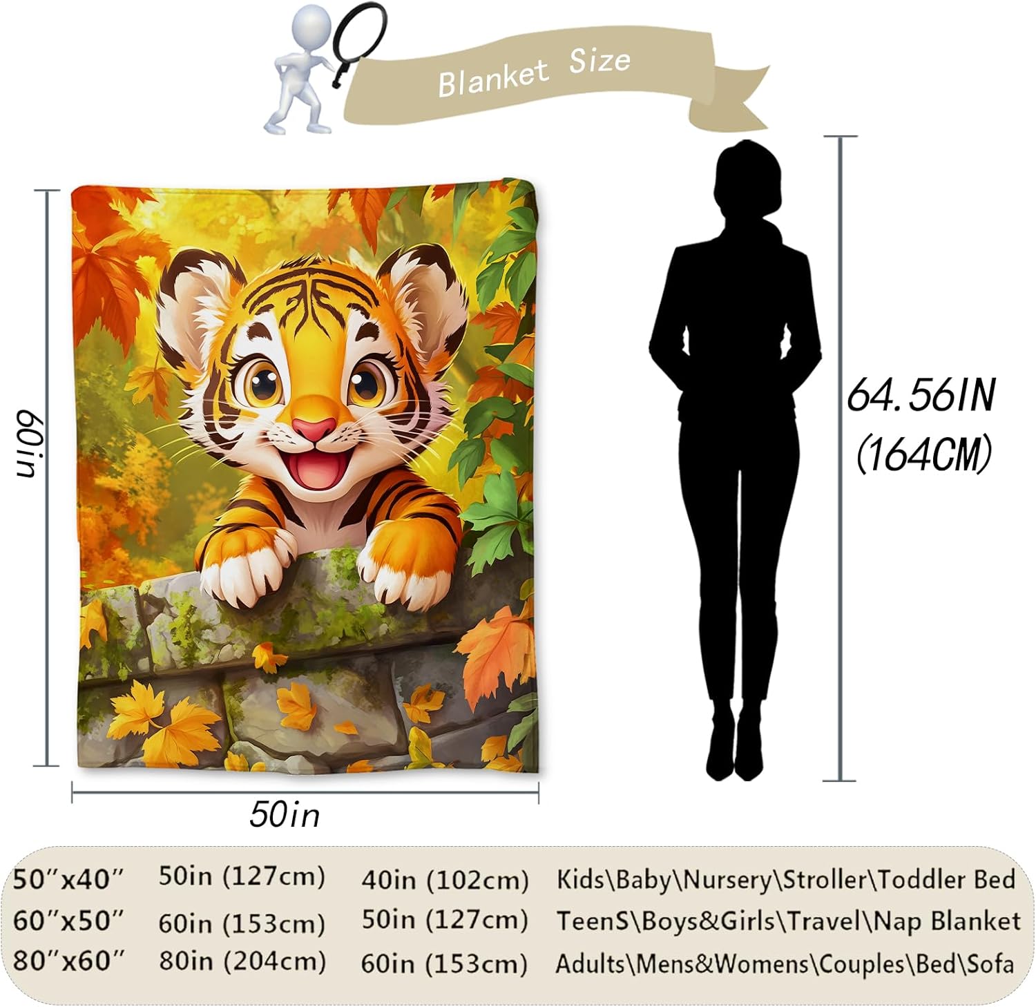 Cute Cartoon Tiger Blanket, Soft Lightweight Flannel Throw Blanket for Couch, Bed, Travel & Home Decor, Fuzzy Cozy Warm Blankets for Adults Kids Women Men 60×50 in