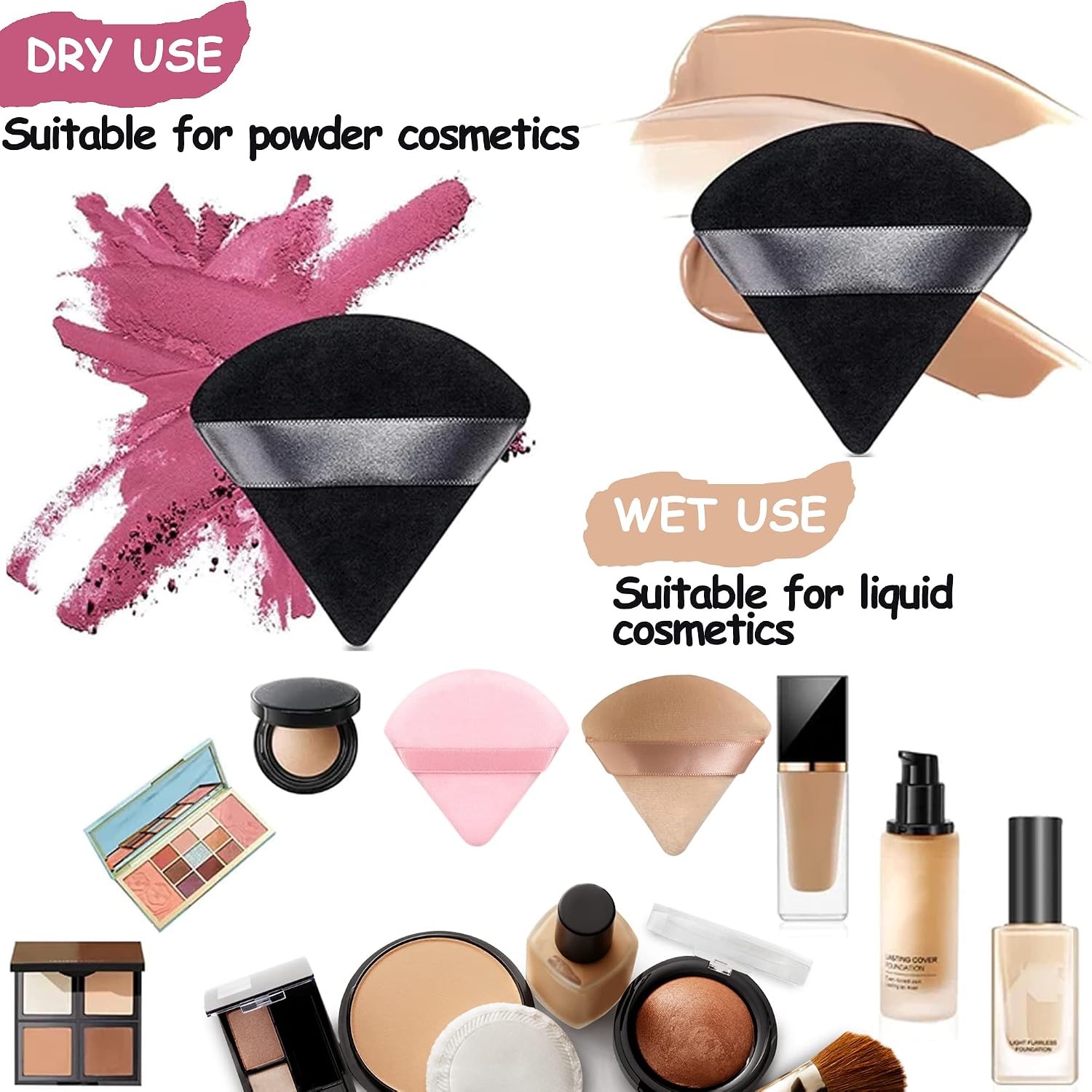 2 Pcs Stadux Triangle Powder Puff, Reuseable Powder Puff With Strap For Easy Use, Makeup Sponge Perfect For Pressed Powder, Velvet powder puff for Dry & Wet makeup (Black/Black) image 3