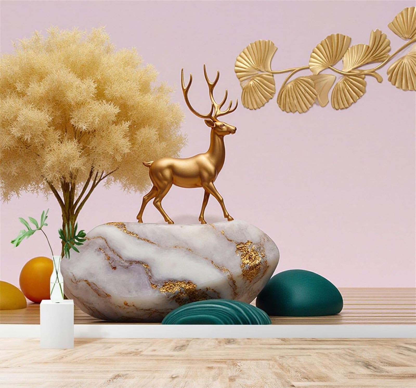 XLMING Three Dimensional Golden Deer Golden Ginkgo Leaves Marble Trees 3D Wallpaper Silky Texture Home Study Office Grey Dining Room Sofa Bedroom Living Room TV Backdrop-430cm×300cm