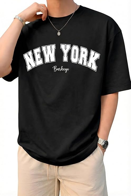 Barkeyo Oversized Drop Shoulder T-Shirt for Men | French Terry (New York-ft) Black