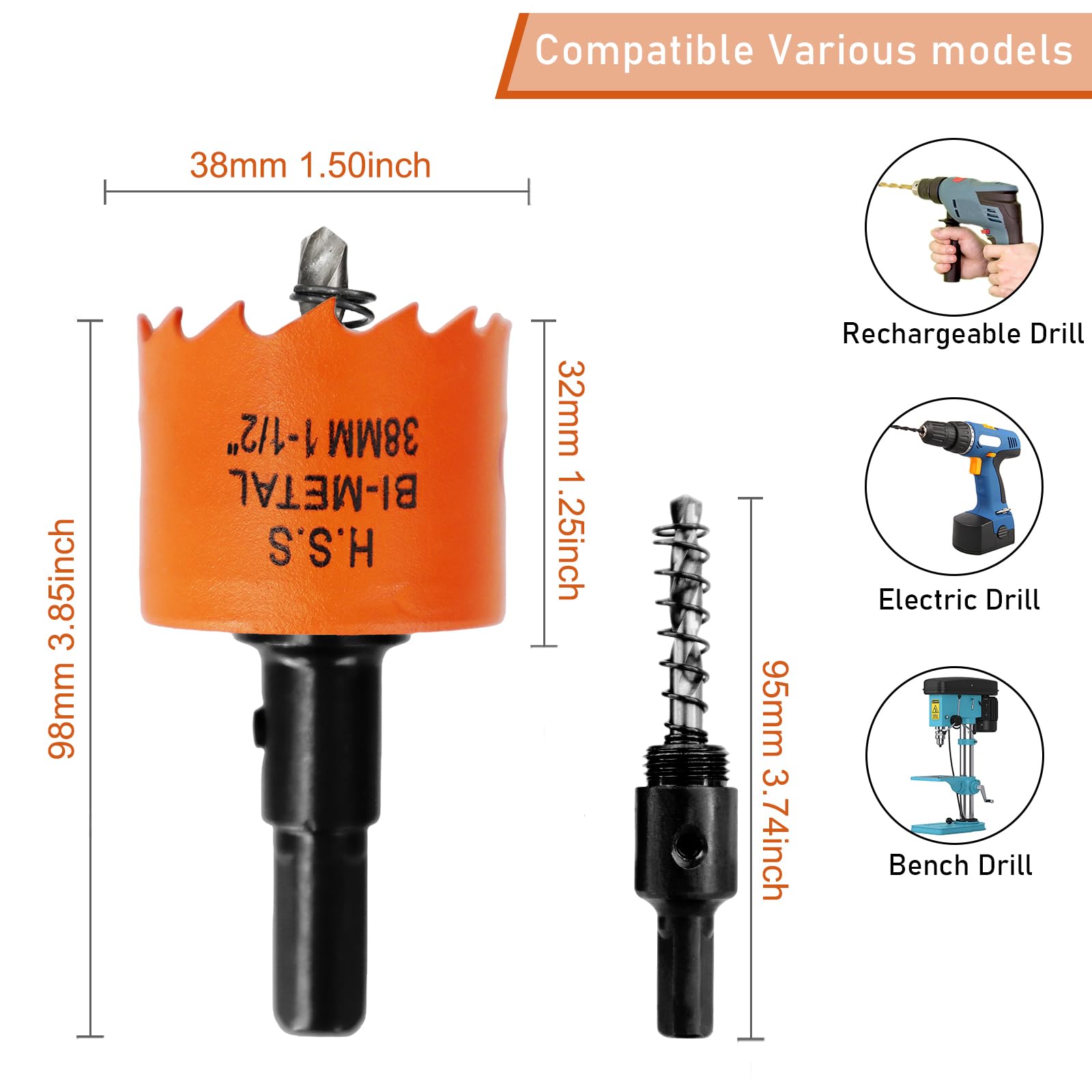 38mm Hole Saw, 1-1/2'' HSS Bi-Metal Hole Cutter with Arbor, Cutting Depth 32 mm, Hole Saw Drill Bit for Cutting Wood Plywood - Image 2