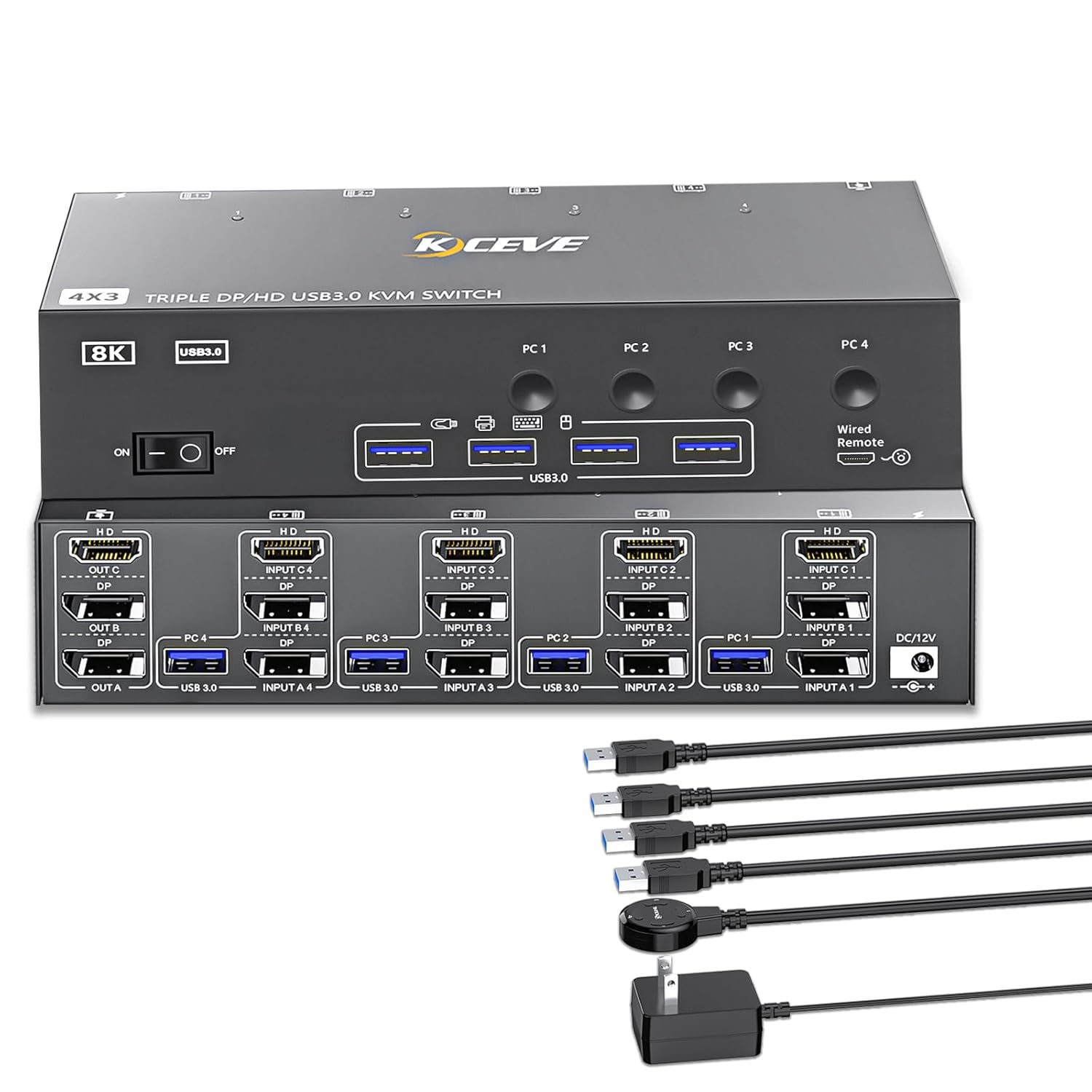 KVM Switch 3 Monitors 4 Computers HDMI + DisplayPort, KCEVE USB 3.0 DP KVM Switcher, 8K@30Hz/4k@144Hz DP KVM for 4 PC Share 3 Display and 4 USB 3.0 Devices