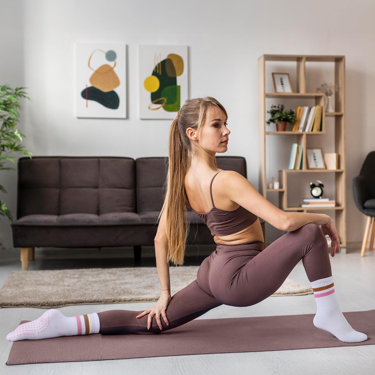 Sofier Pilates Grip Socks Women Crew Athletic Yoga Non-Slip Barre Slipper Workout Hospital Stripe - Image 3