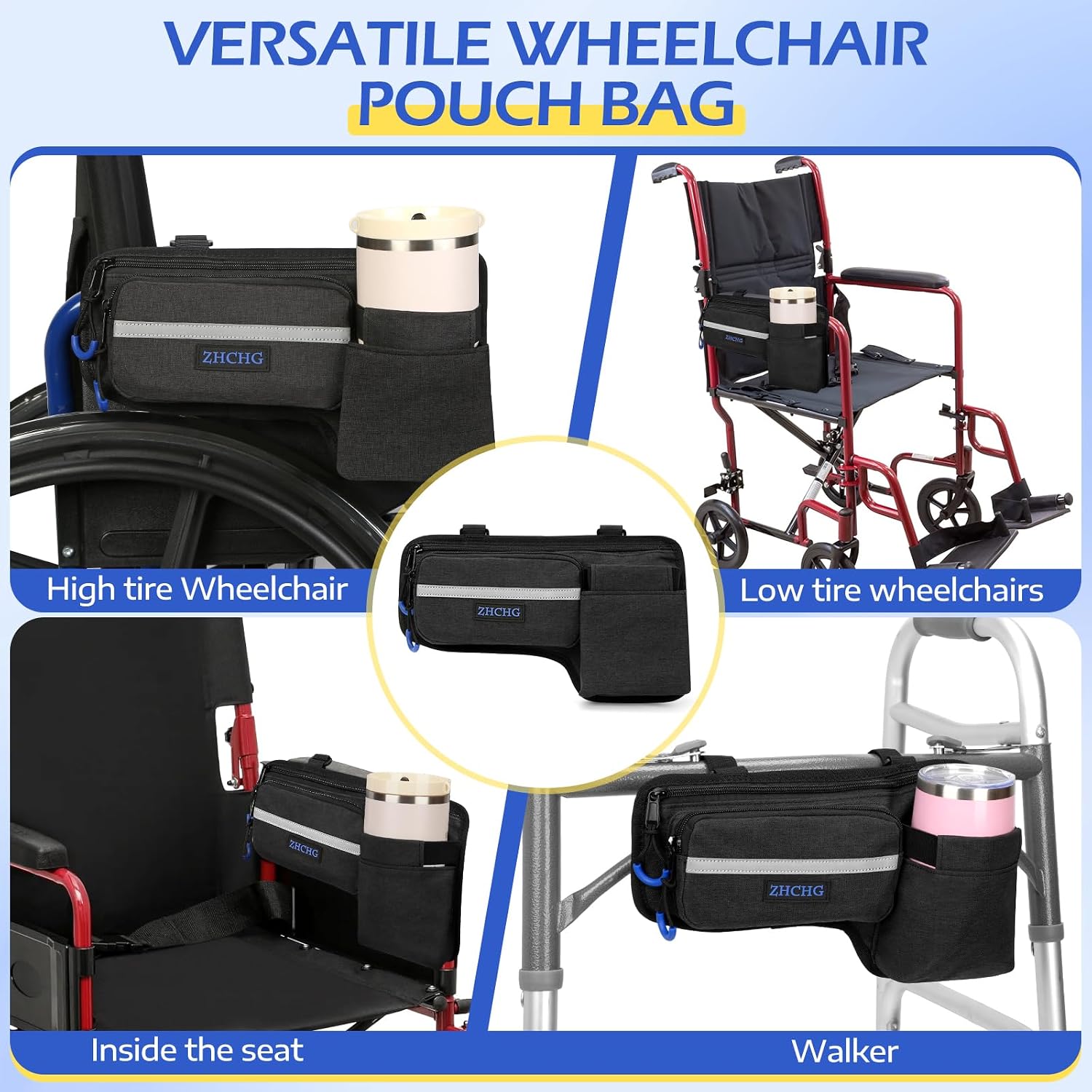 ZHCHG Upgraded Wheelchair Side Bag with Cup Holder, Wheelchair Armrest Pouch for Walker, Wheelchair Accessories Storage Bag