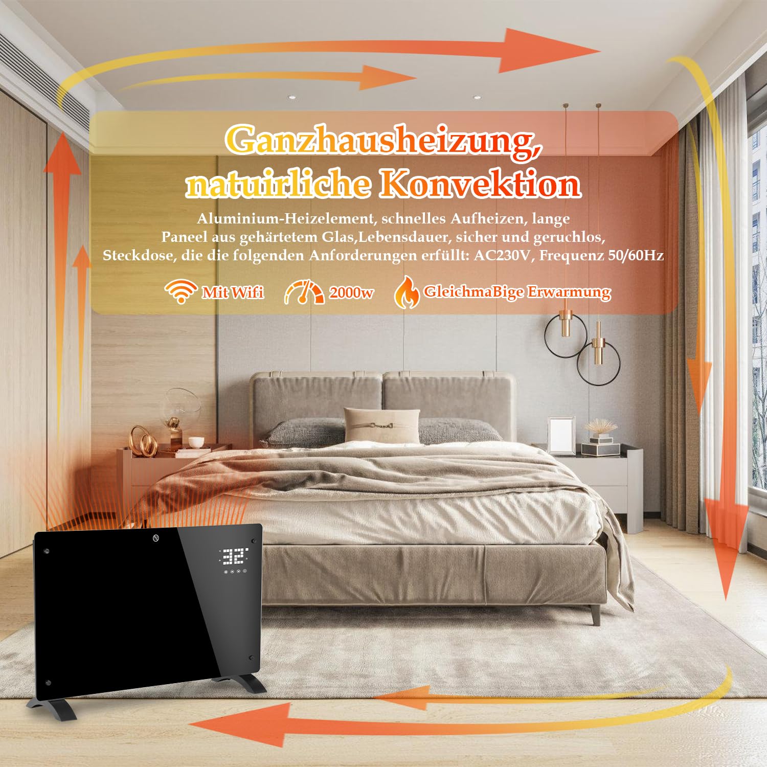 Termoconvettore, radiatore elettrico da 2000 W, radiatore elettrico, riscaldamento a infrarossi con telecomando, termostato e controllo app, riscaldamento elettrico a parete, risparmio