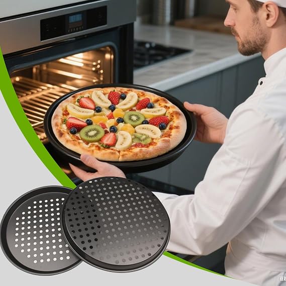 2 PCS Non-Stick Pizza Tray, Perforated Oven Safe Baking Tray | Carbon Steel for Crispy Base and Even Heating | Dishwasher and Fridge Safe for Home and Restaurant Use 2 Trays + Cutter