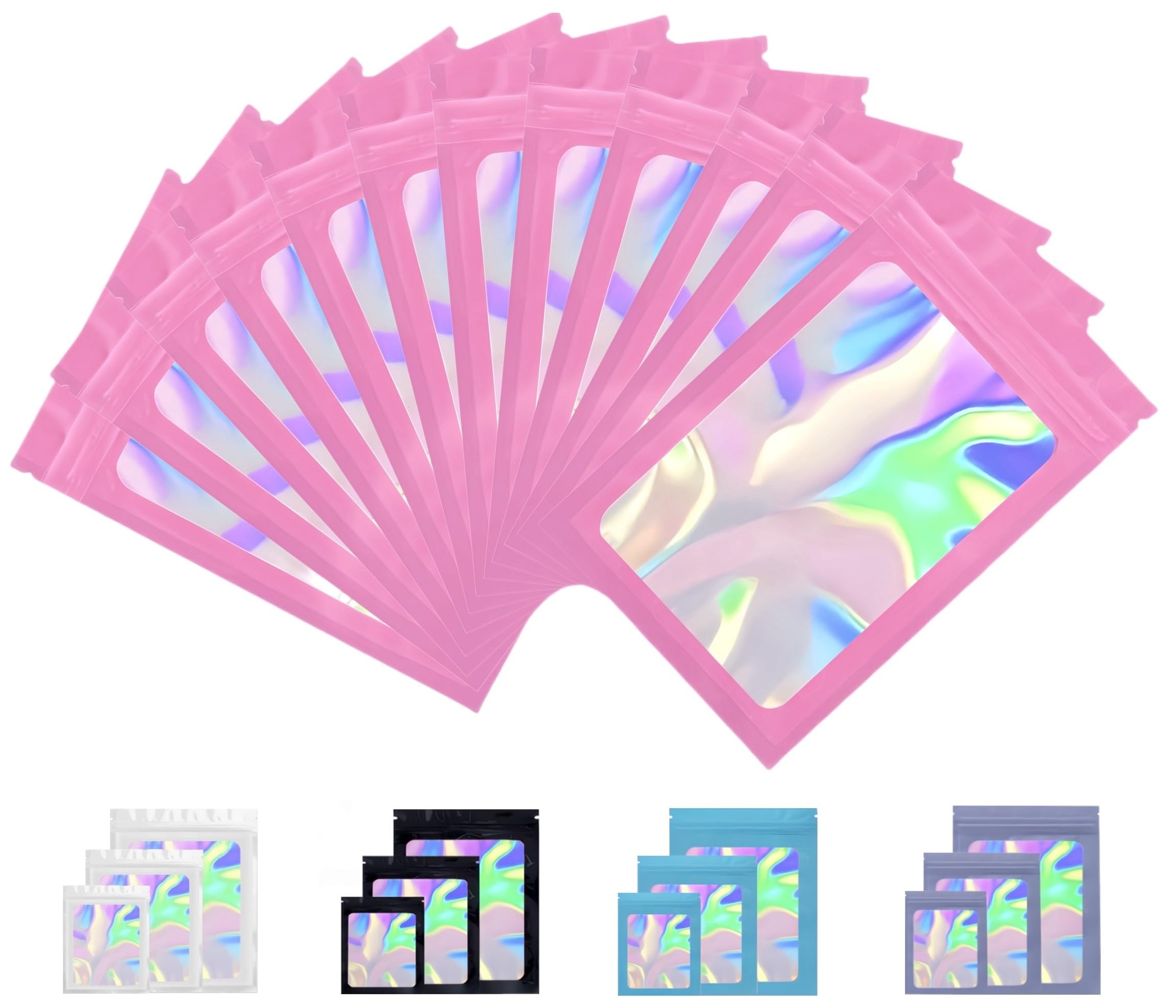 Rimiko Holographic Pink 150Pcs Pink Ziplock Mylar Bags With Clear Window, Aluminum Foil Sample Bags, Resealable Holographic Bags, Self-Sealing Pouches For Packaging And Food Storage (, 3.1"X5.1")