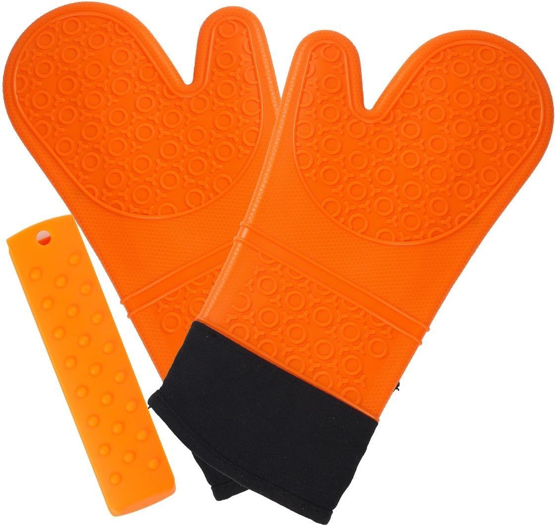 Magician Heat Resistant Gloves - Commercial Grade, Non-Slip Quilted Cotton Lining Silicone Oven Mitts and Hot Handle Holder Set, Up to 500˚F, 14.6" Extra Long For Extra Forearm Protection (Orange)