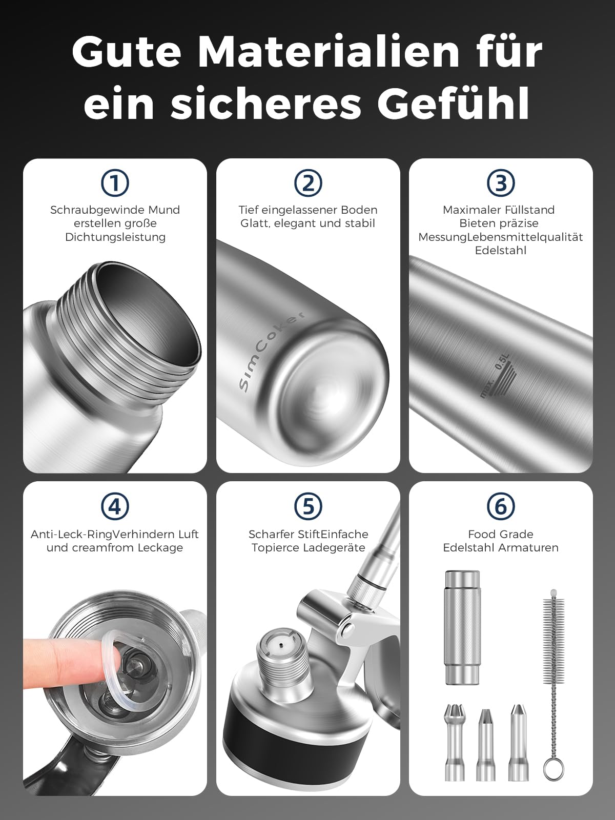 Sahnespender,Edelstahl Sahnesiphon 500ml,inklusive Ersatzteile 3 Spritztüllen und 1 Reinigungbürste, Schlagsahnebereiter,Deutsche Anweisungen