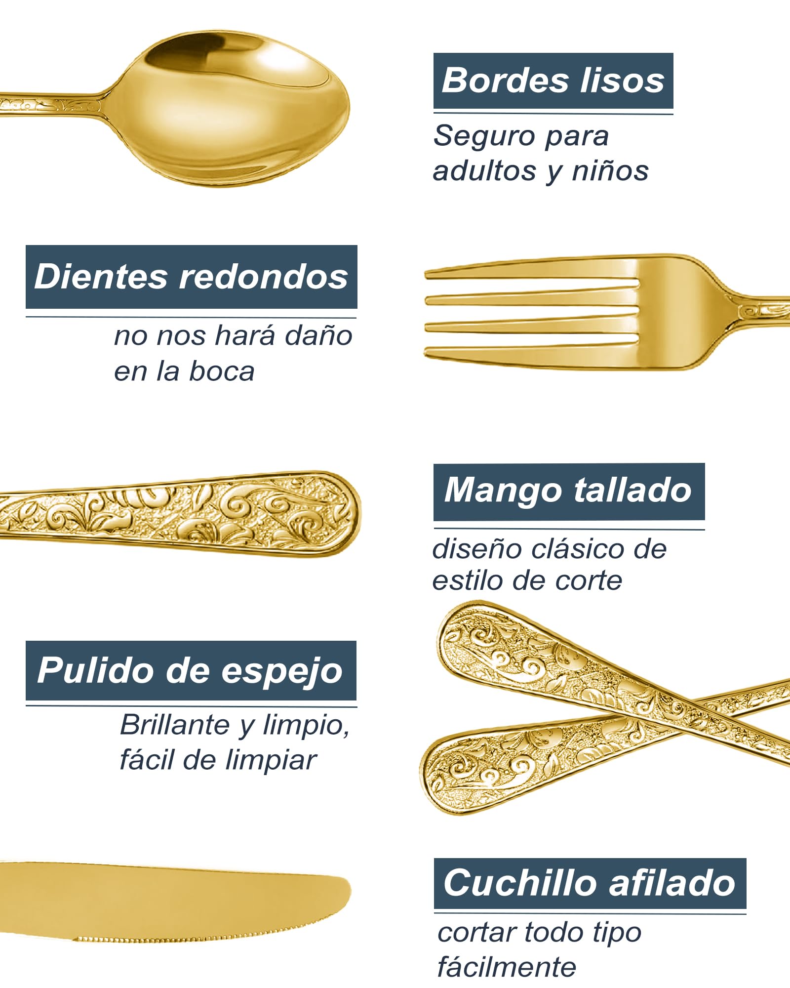 Juego de cubiertos oro para 6 personas, estilo retro tallado y moderno en relieve. Juego de cubiertos de acero inoxidable de 24 piezas. Incluye cuchillos, tenedores y cucharas