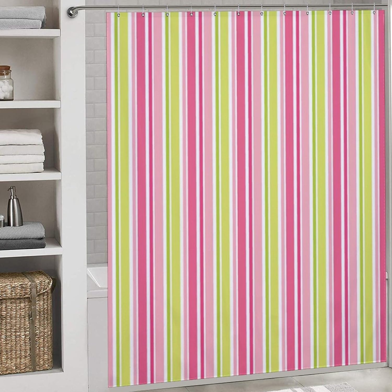 Stylish Hot Pink Lime Green Stripes Shower Curtain Set, Waterproof Shower Curtain Liner for Bathroom Bathtub Decor, with 12 Hooks, 72 x 72inch