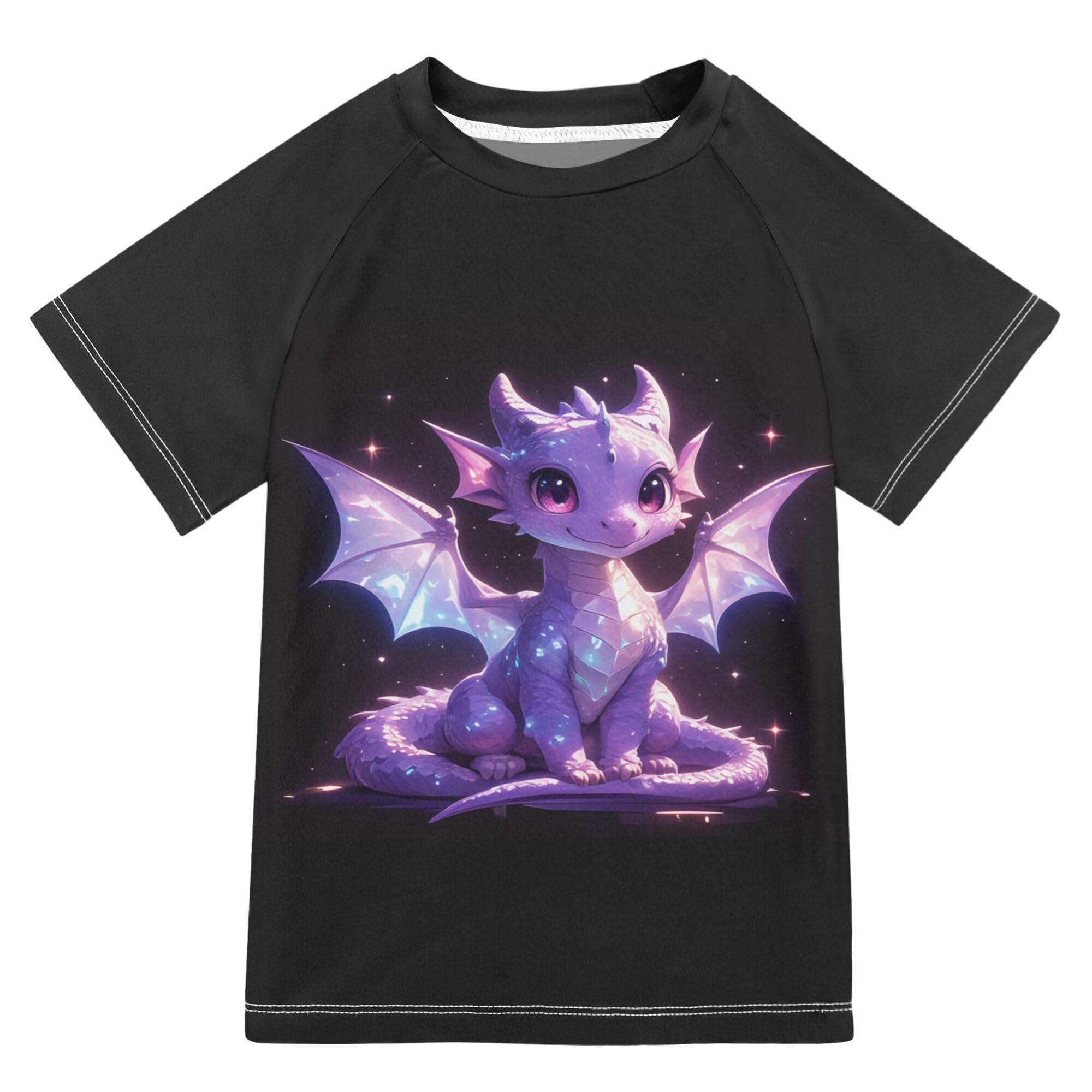 Cartoon Cute Purple Dragon Stars Bathing Suit Kids Sun Protection Girl Swim Rashguard Swimwears Football Shirt for Toddler Boy 9-10Y