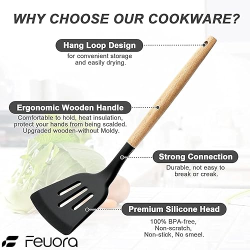 Miniatura 3 de Juego de utensilios de cocina de silicona de alta calidad, 33 piezas, resistente al calor a 446 F, antiadherente, sin BPA, asas de madera, espátula,