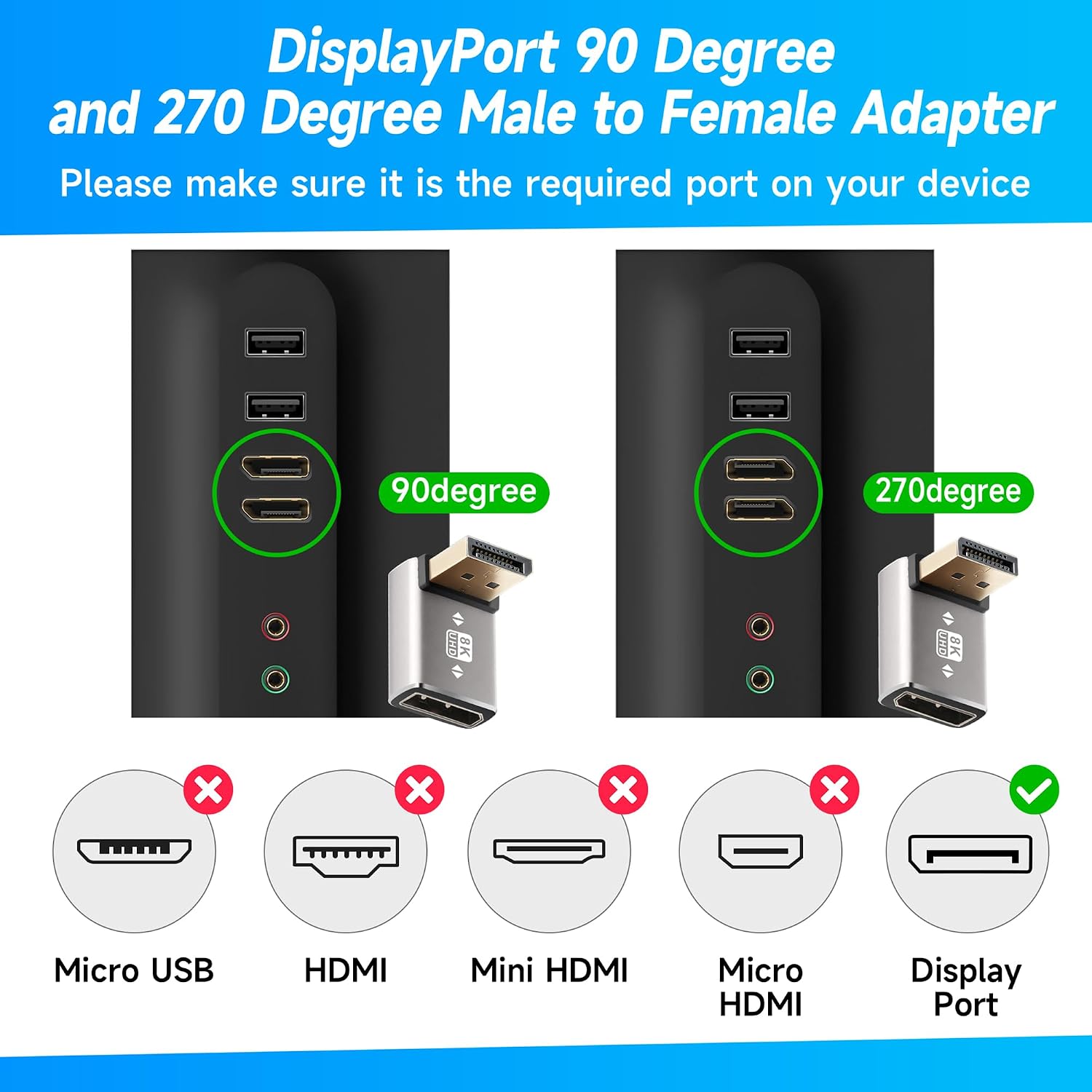 8K 90 Degree DisplayPort 1.4 Adapter 2-Pack, (Up and Down) Right Angle DP Male to Female Display Port L-Shaped Connector Extender Support 8K@60Hz,4K@144Hz for Wall TV, Monitor, Laptop and PC