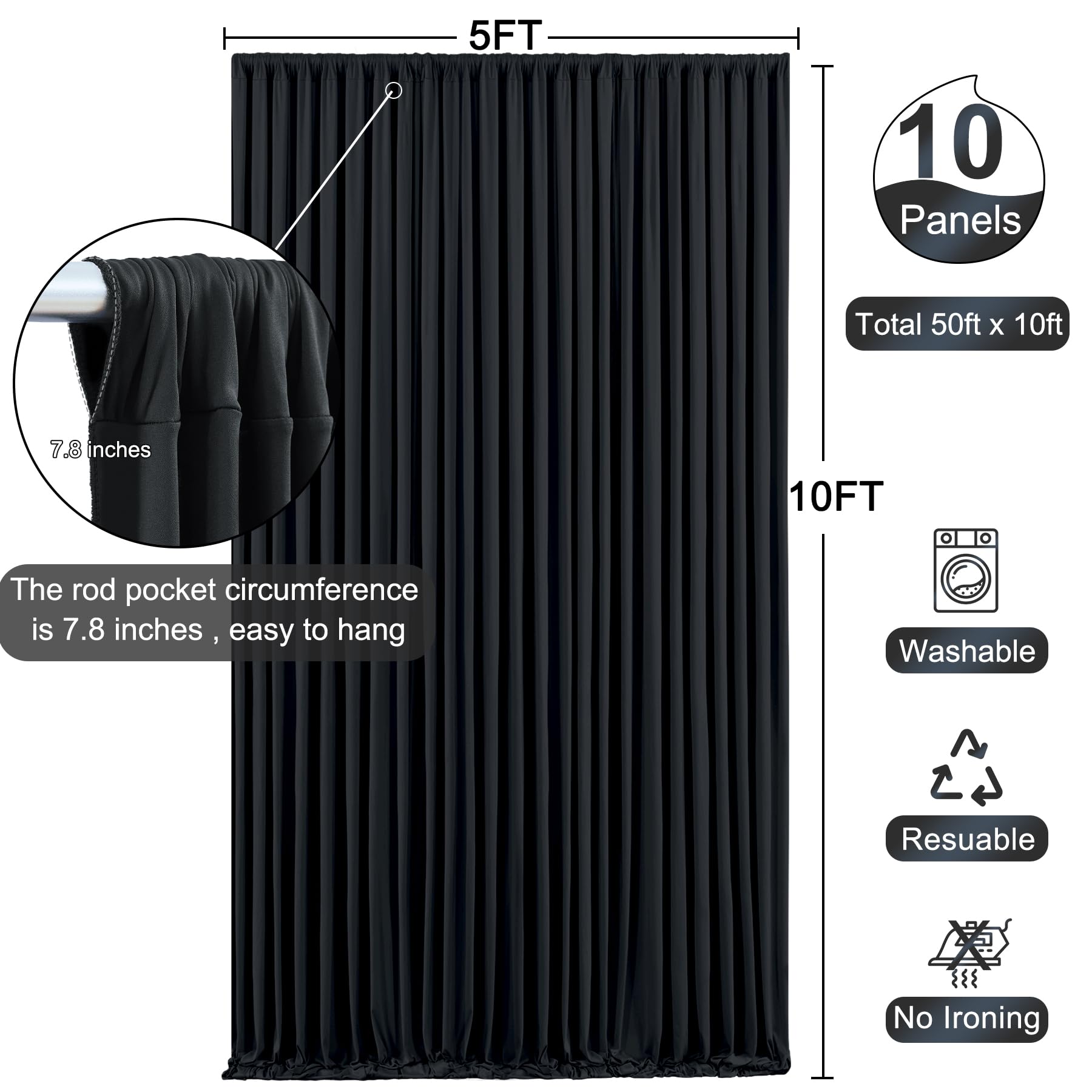 10 Paneles de Cortinas Negras para Fiestas, sin Arrugas, 15,2 x 3 m, Tela de poliéster