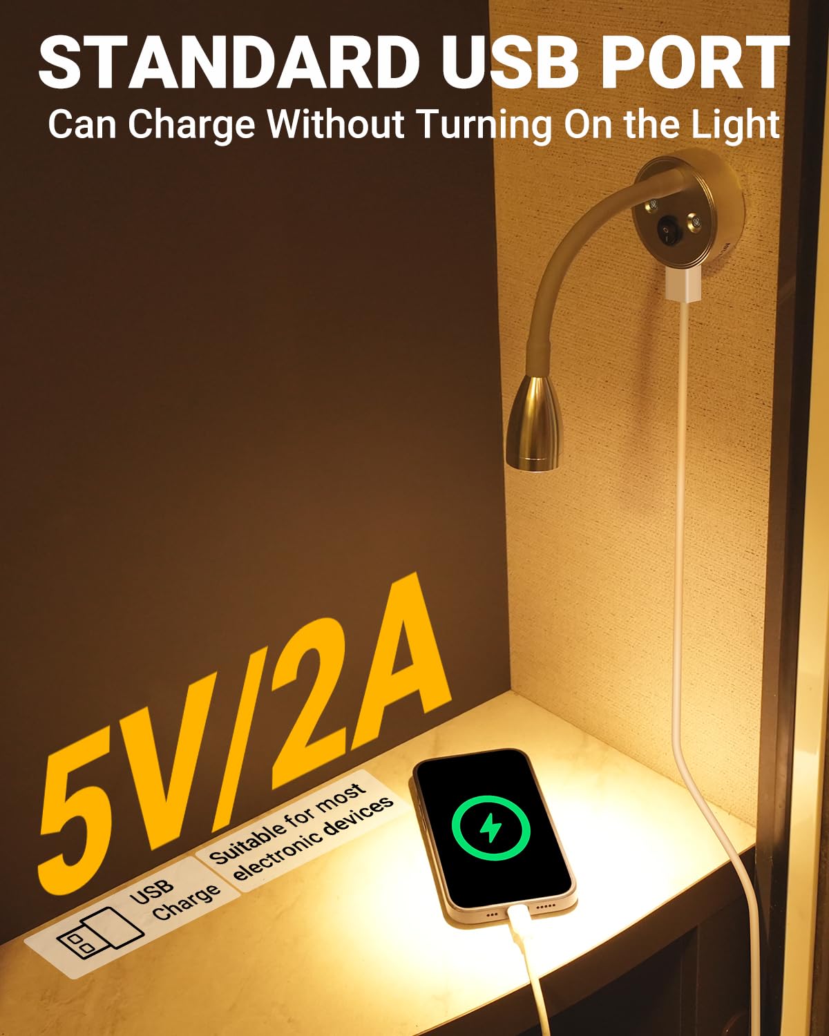 SUPAREE Luce da lettura a LED 12 V 3000 K con porta USB e collo d'oca flessibile 2 pezzi