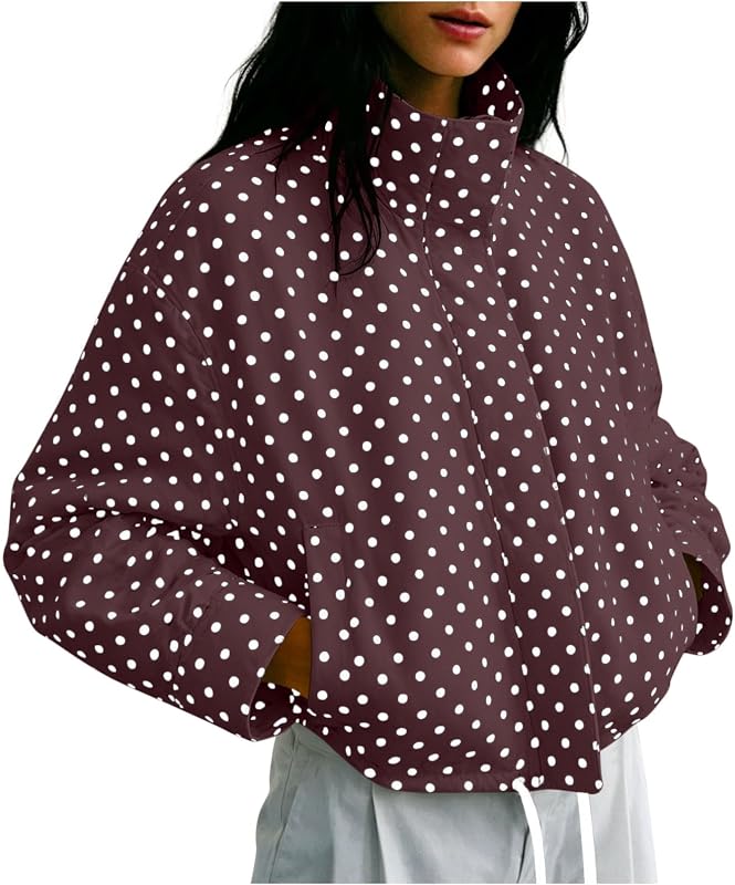 campera con cremallera de lunares para mujer Abrigo informal con bolsillo y cuello alto