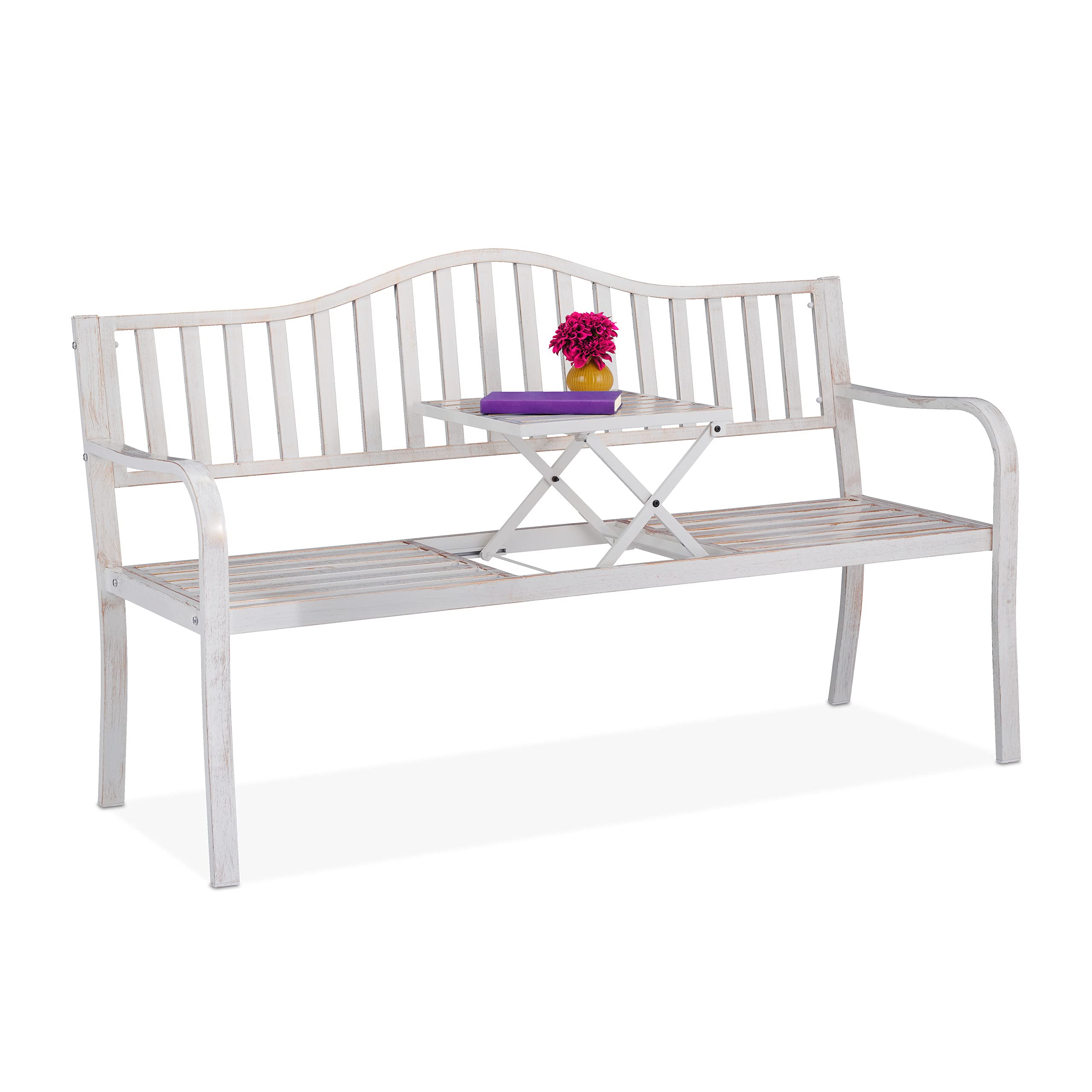Relaxdays Gartenbank mit klappbarem Tisch, 3-Sitzer, Garten, Metall Balkonbank, HBT 89 x 150 x 58,5 cm, weiß-Bronze