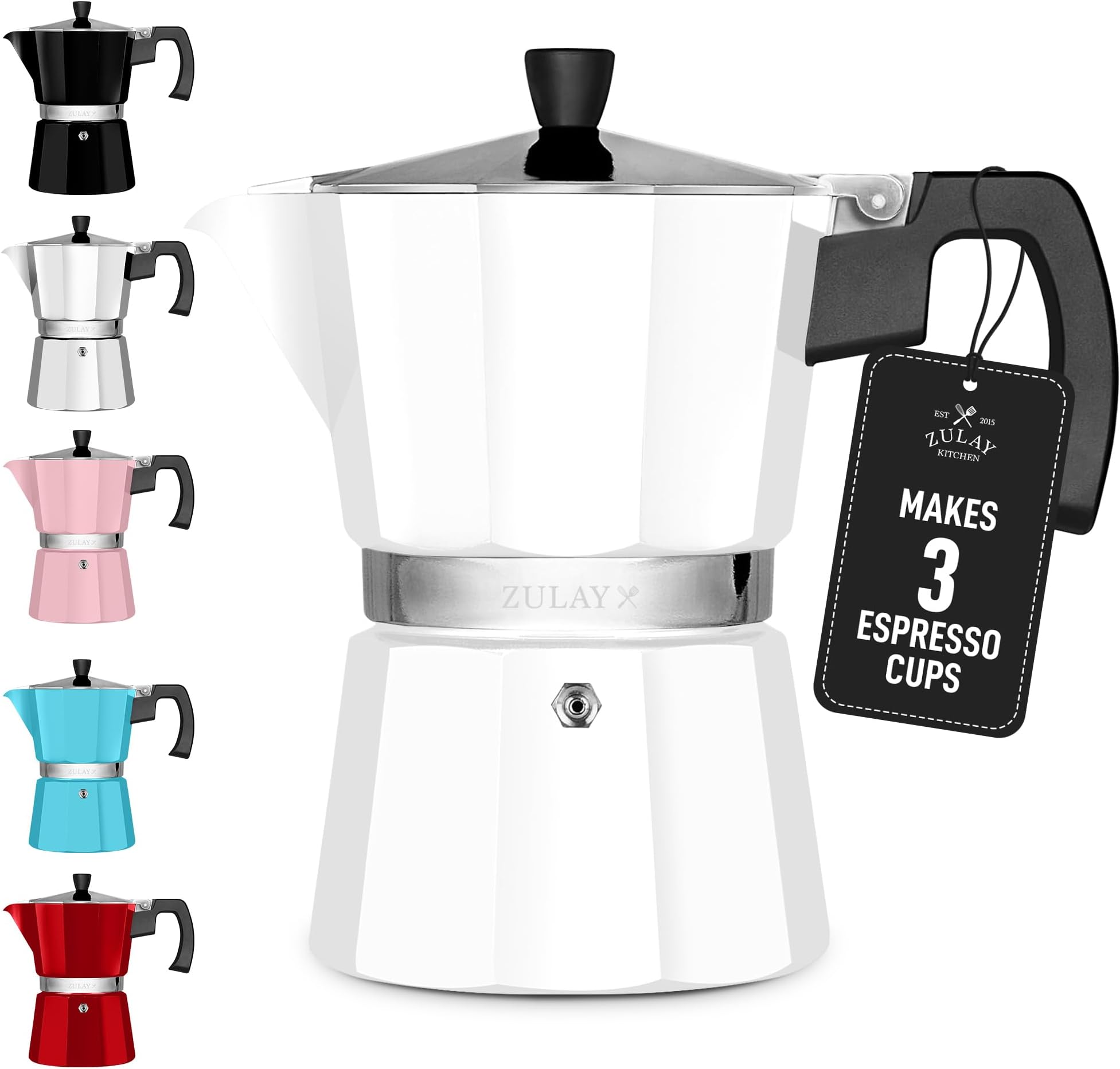 Zulay Moka Pot Espresso Stovetop Coffee Maker - Leak-Proof, Stainless Steel, Easy to Clean, Heat Resistant Handle & Knob - for Authentic Cuban & Italian Style Espresso - Makes 3 Espresso Cups - White