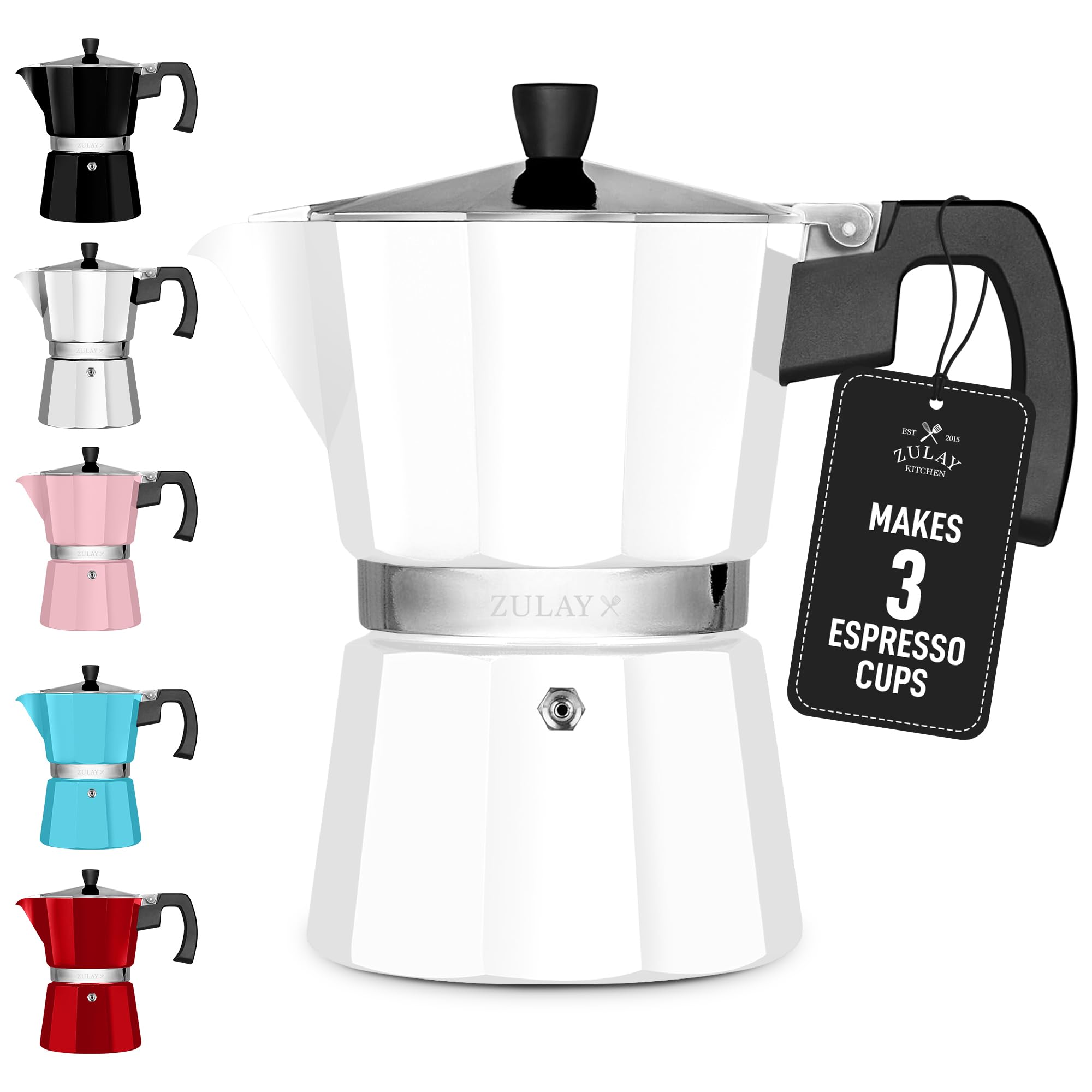 Zulay Moka Pot Espresso Stovetop Coffee Maker - Leak-Proof, Stainless Steel, Easy to Clean, Heat Resistant Handle & Knob - for Authentic Cuban & Italian Style Espresso - Makes 3 Espresso Cups - White