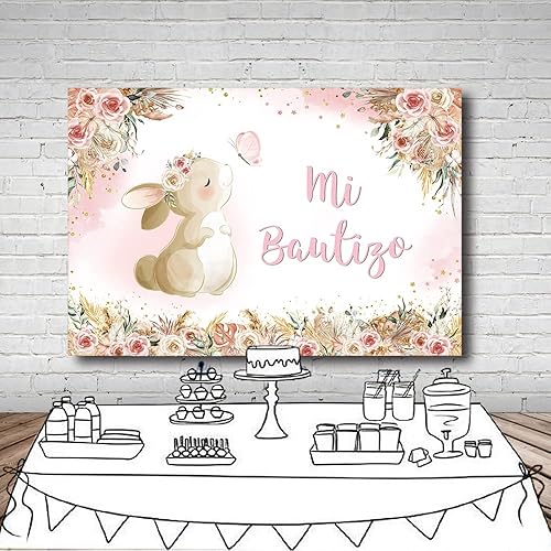 Miniatura 10 de MEHOFOND Telón de fondo de bautismo Mi Bautizo de 7 x 5 pies, Dios bendiga la primera comunión, conejito de bautizo, acuarela, rosa, floral, recién