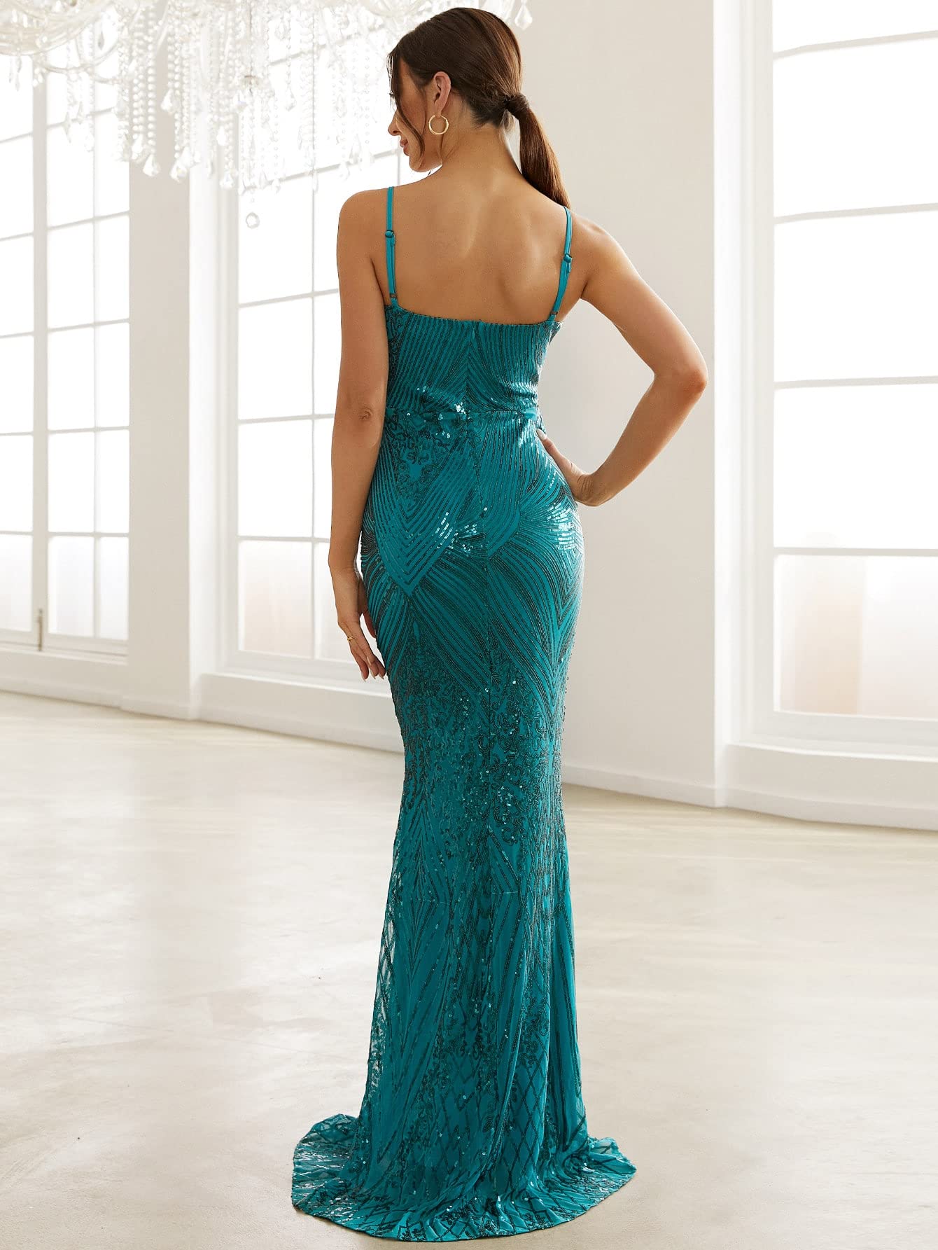 women's teal dresses Contrast Sequin Plunging Neck Mermaid Hem Formal Dress Dress for Women (Color : Blue, Size : Large) : Clothing, Shoes & Jewelry Effortlessly flattering Primavera 4551 Size 2 Teal