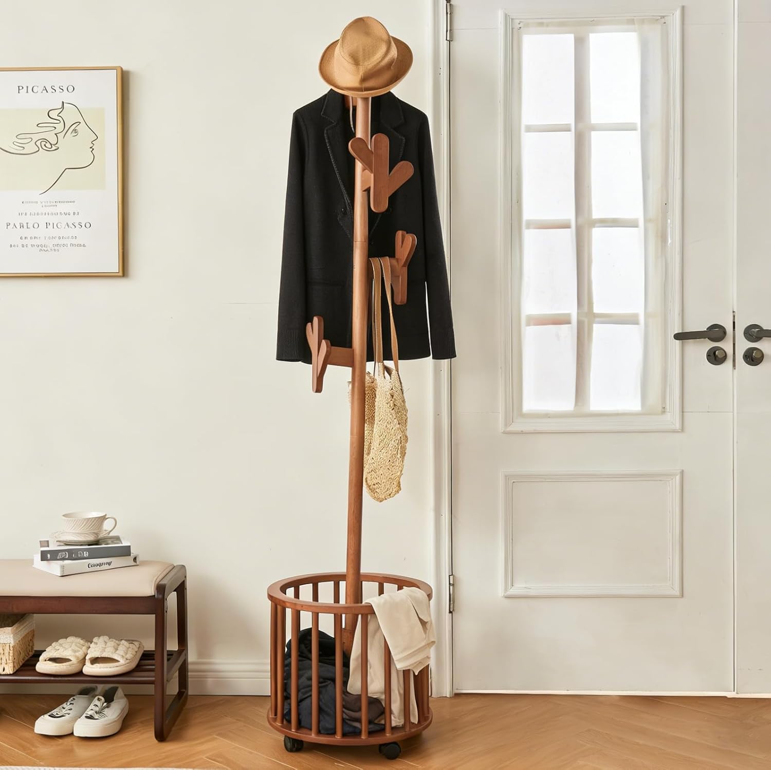 Wooden Coat Rack with Storage Basket & 12 Hooks - Freestanding Heavy Duty Rolling Coat Tree Stand with Wheels, Hat Hanger for Entryway, Hallway, Bedroom, Living Room Corner (Walnut)