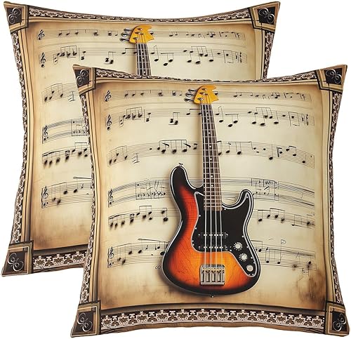Rustic Musical Double Sides Print Pillow Covers,Guitar Bass Instruments Print Soft Square Cushion Cases 24"x 24",Retro Note Boho Ethnic Plaid Throw