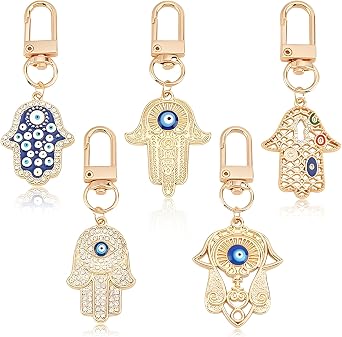 5 Pcs Hamsa Hand Evil Eye Keychains, Hand Protection Key Charm Evil Eye Pendants Good Lucky Charms Keyring