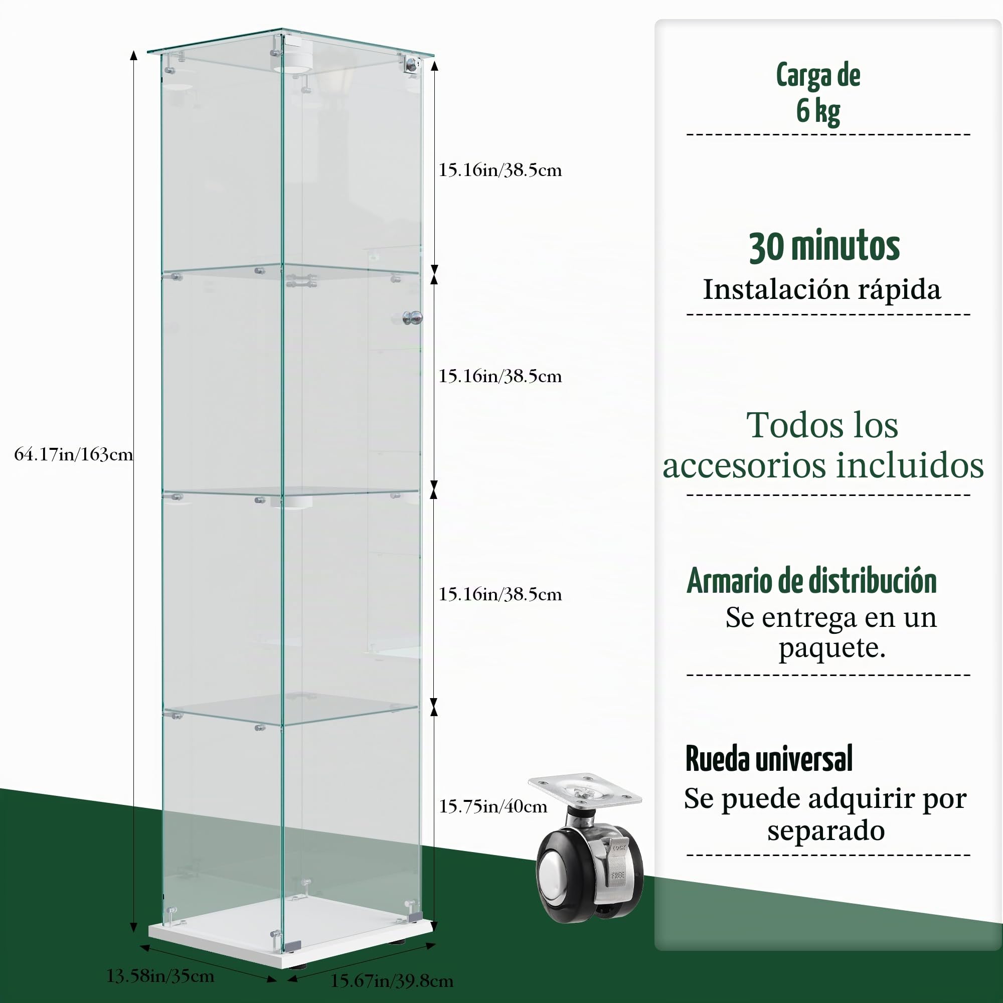 Vitrina de Cristal de 163 x 40 x 35 cm con 4 estantes 1 Puertas, Vitrina de pie con LED, Armario de colección Moderno para salón, Dormitorio, Oficina, Blanco y Puerta Individual + Luces de Pat