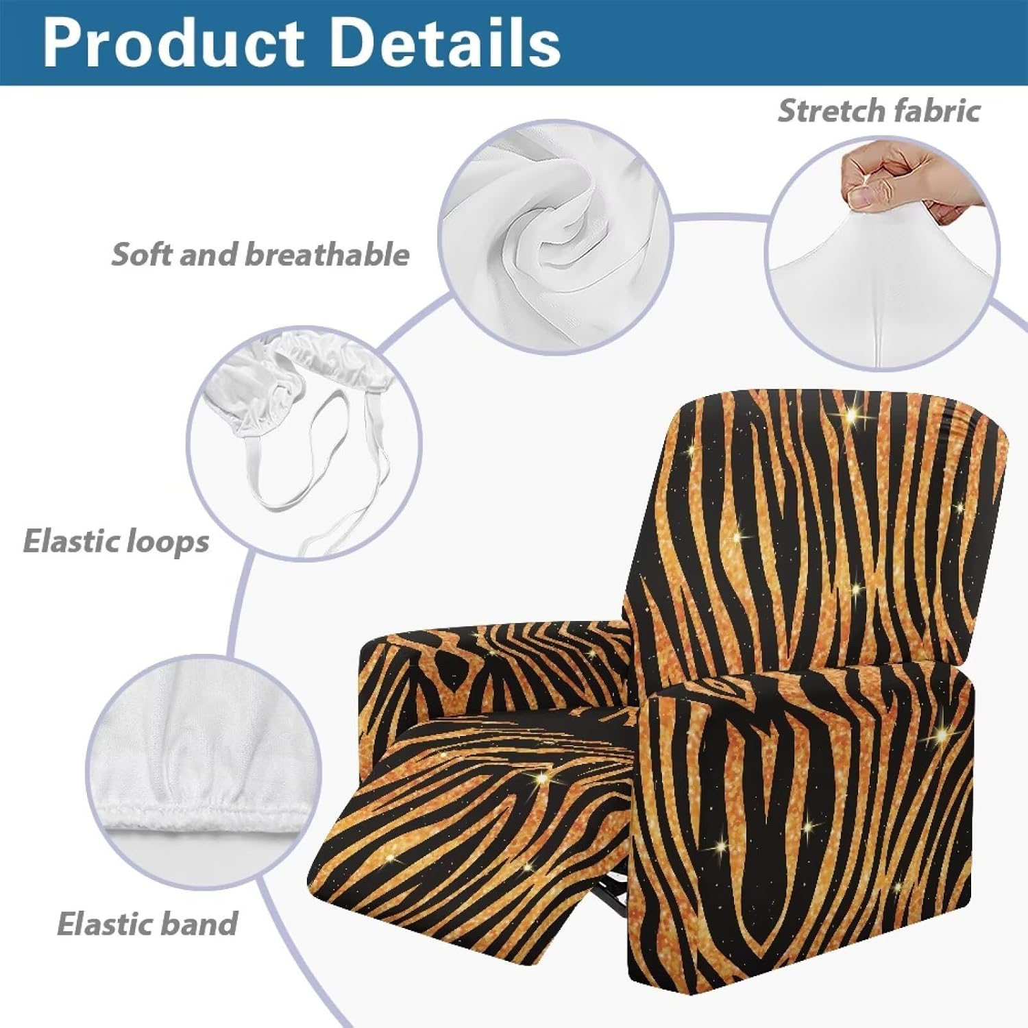 GLENLCWE Tiger Print Recliner Covers 4 Pieces Recliner Cover Stretch Cover para Sofa Lazy Boy, Orange Sofa Covers for Dogs Cats Reading Room Furniture
