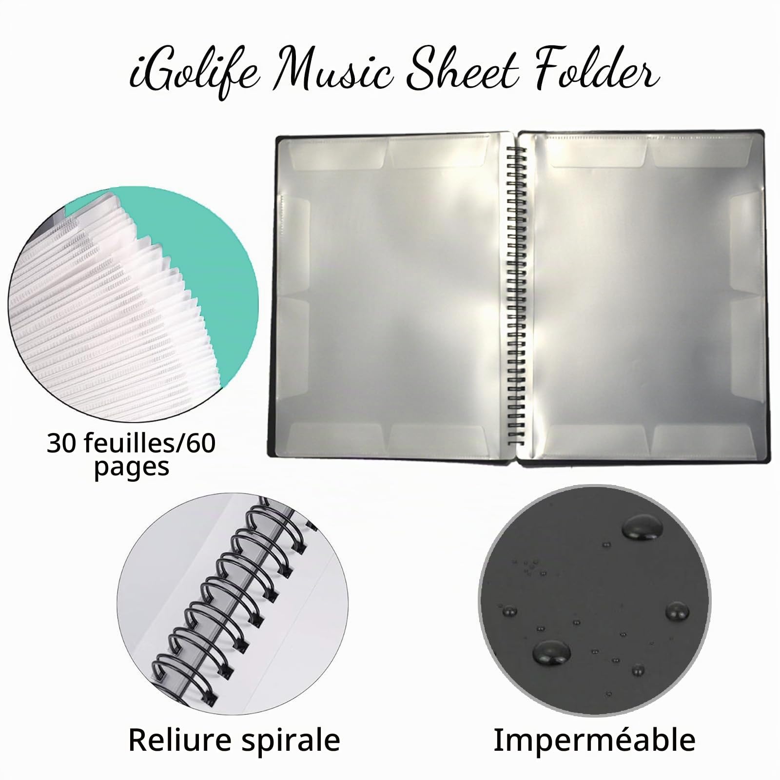 Music Sheet Classeur à partitions A4 en plastique étanche avec 60 pochettes pour partitions de musique