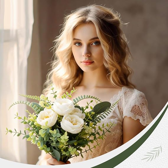 saerryor 15 Pack Eucalyptus Stems Leaves with White Faux Peony for Decor | Leaves Artificial Flowers Fake Green Foliage Greenery Eucalyptus Artificial Flowers for Wedding Home Party Decor