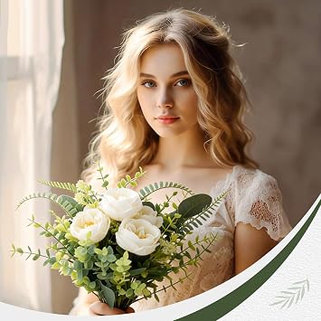 saerryor 15 Pack Eucalyptus Stems Leaves with White Faux Peony for Decor | Leaves Artificial Flowers Fake Green Foliage Greenery Eucalyptus Artificial Flowers for Wedding Home Party Decor