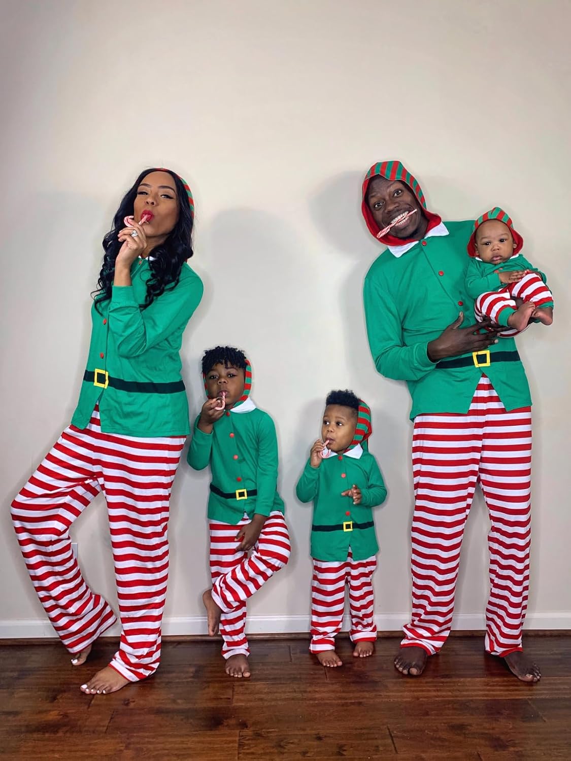 IFFEI Family Matching Christmas Pajamas Set One Piece Striped Hooded Sleepwear Santa Claus Elf Onesie Outfit