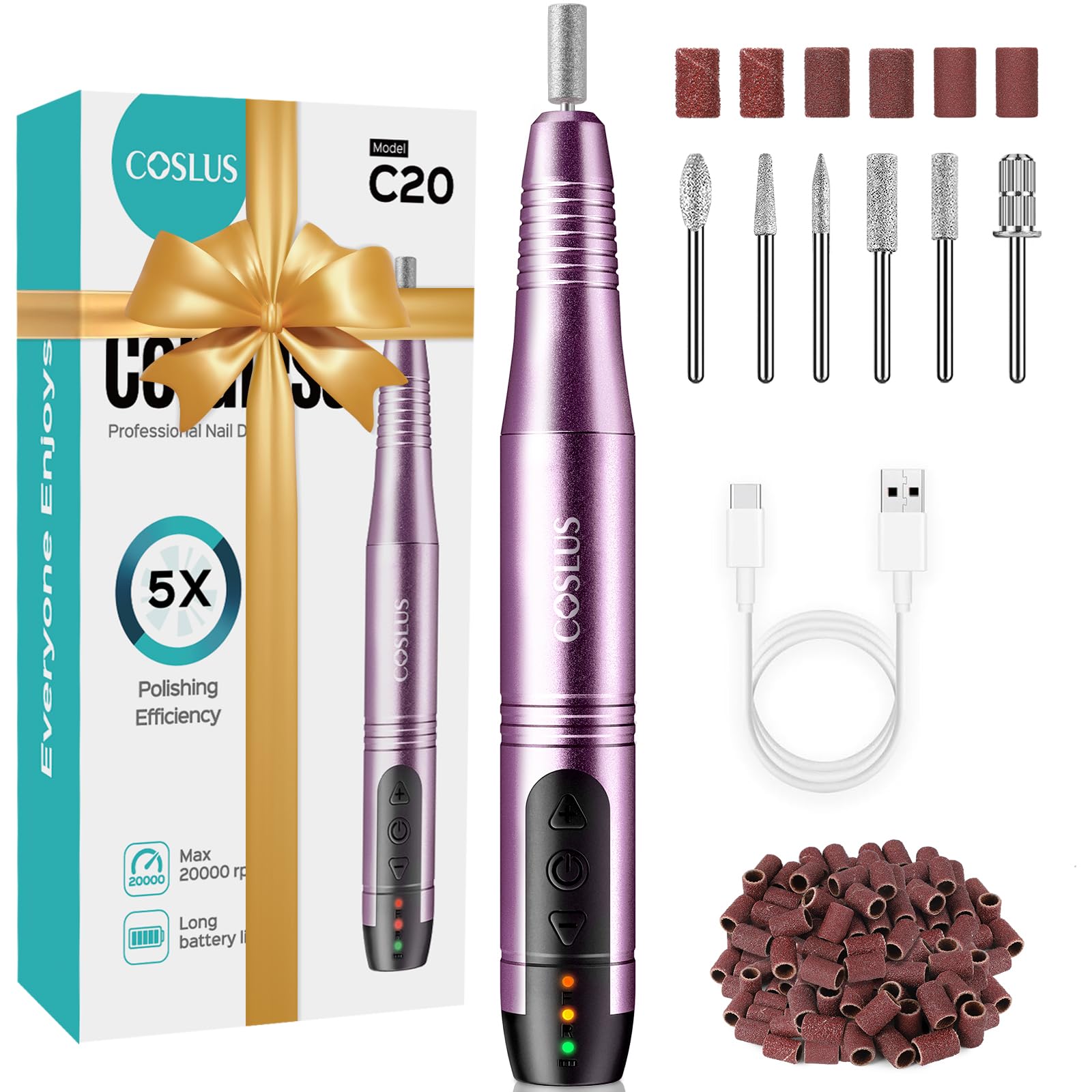 COSLUS C20 Kabellos Tragbar Elektrische Nagelfräser, 11 in 1 Profi Maniküre und Pediküreset, Elektrische Nagelfeile für Gelnägel und Acrylnägel, Nagelformen, Polieren, Entfernen von Hornhaut