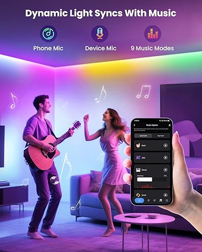 Miniatura 9 de Luces LED RGB+IC de 16.4 pies para TV de 50 a 75 pulgadas, tira de retroiluminación detrás de la TV con sincronización de música, aplicación