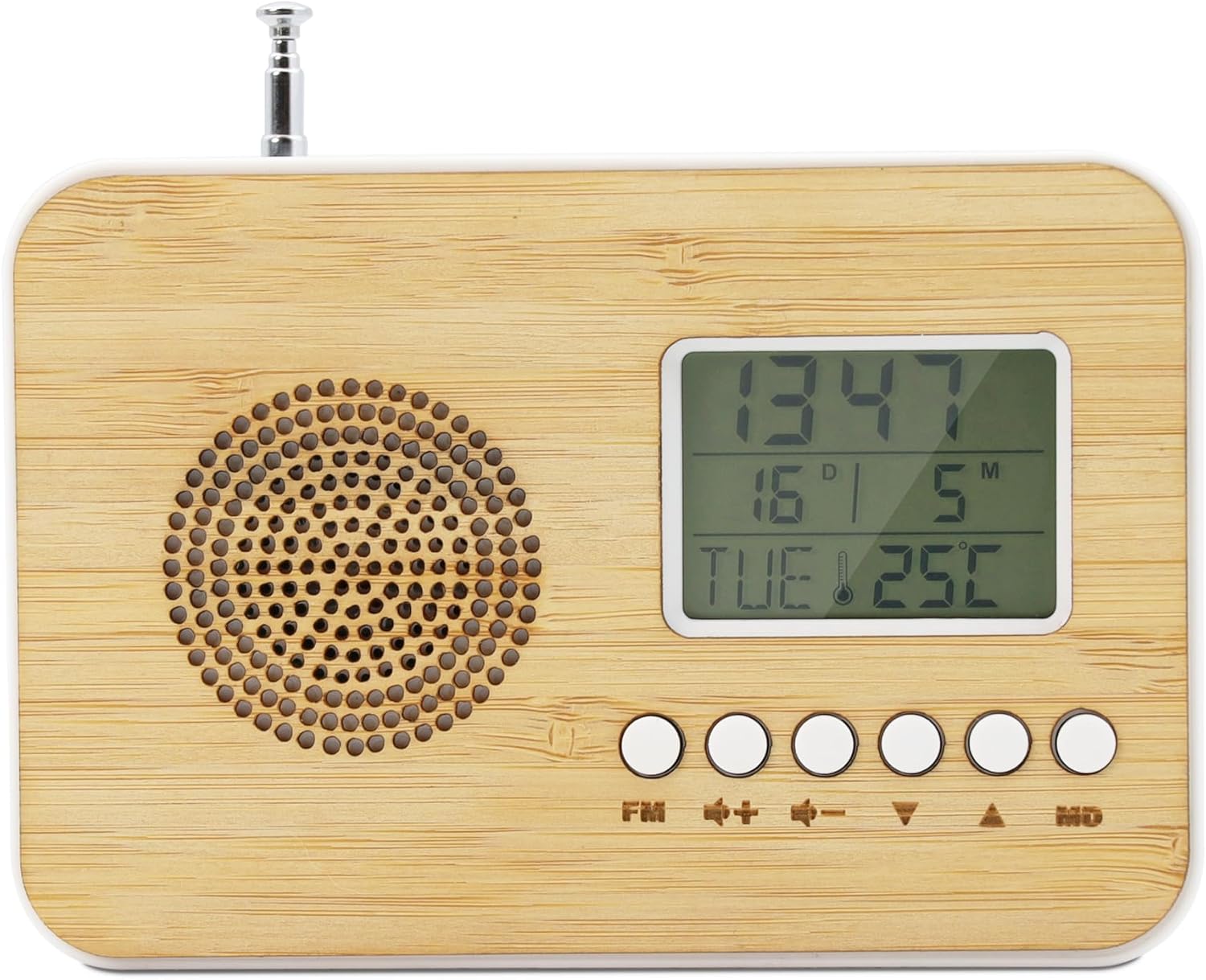 Front view of the mooov 477320 Digital FM Radio Alarm Clock.