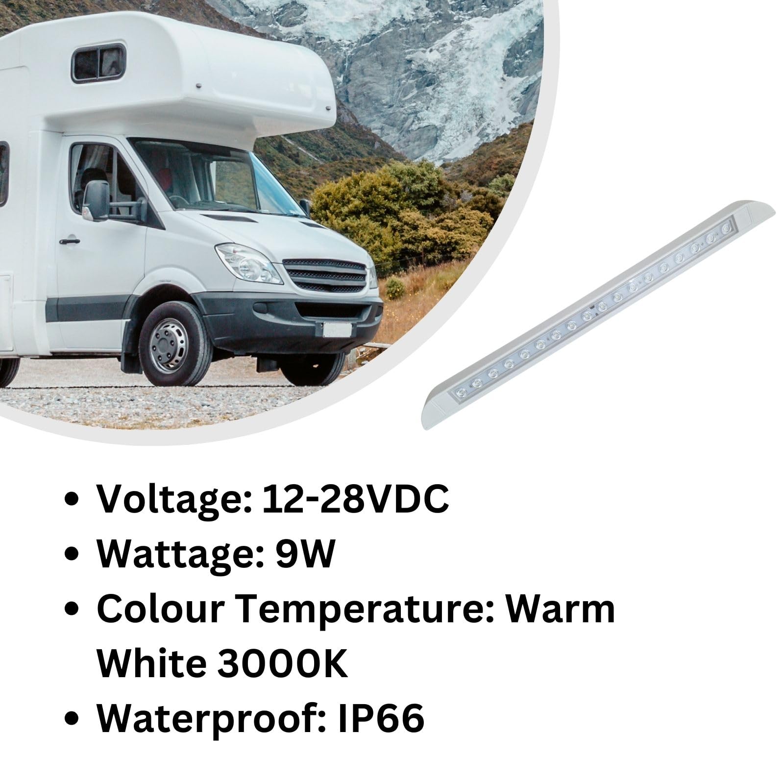 MARVIX Luce LED per tenda da sole, 12 V, 24 V, impermeabile, 506 mm, bianco caldo, 3000 K, lampada a striscia esterna per roulotte, camper, furgone camperizzato, motorhome (senza interruttore)