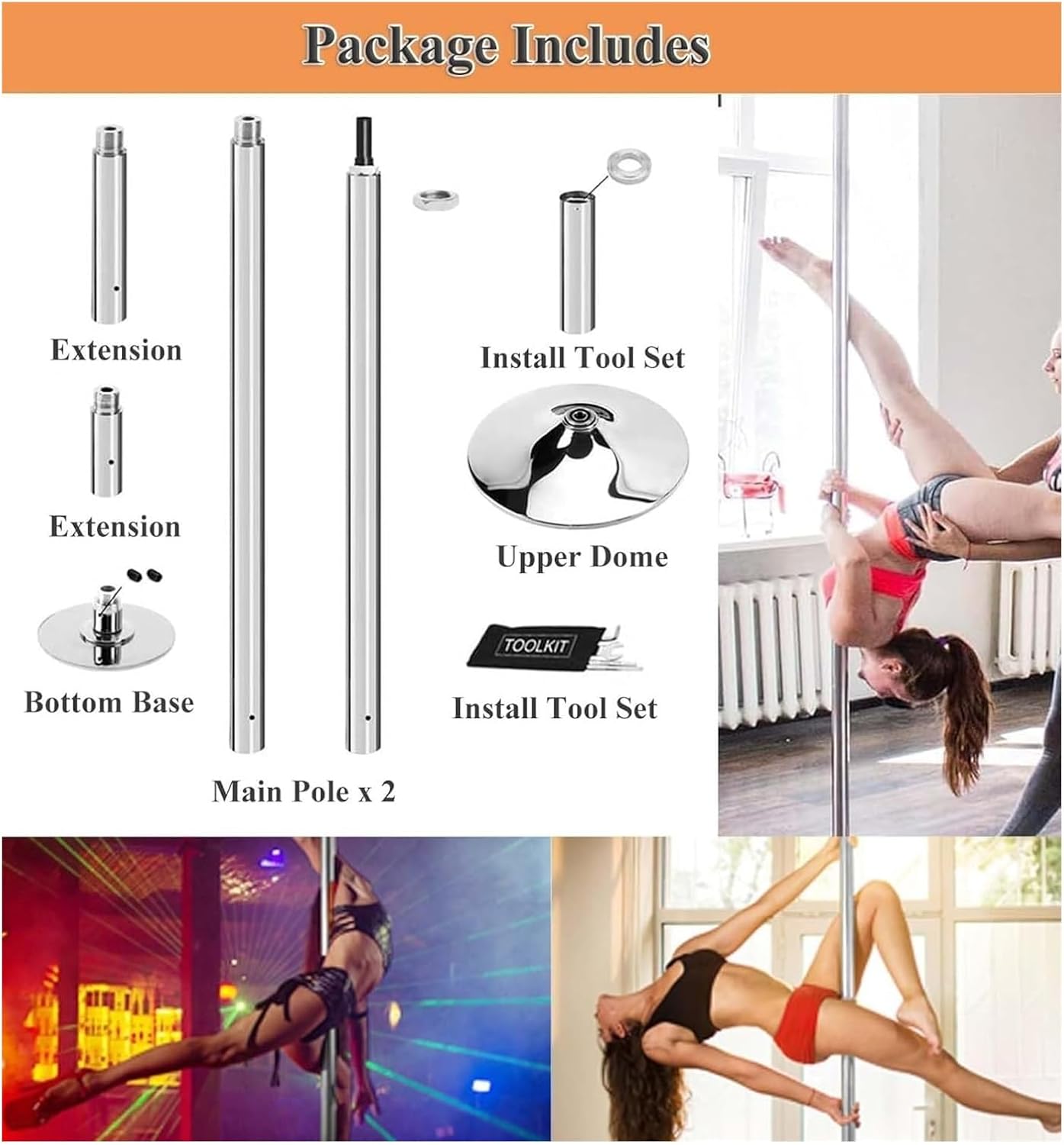 Premium Dance Pole Removable Spinning Static Dancing HeavyDuty Steel Pole Adjustable Height，Dance Pole, Portable Adjustable 45mm Spinning/Static Tube Kit for Home Exercise, Club, Party, and