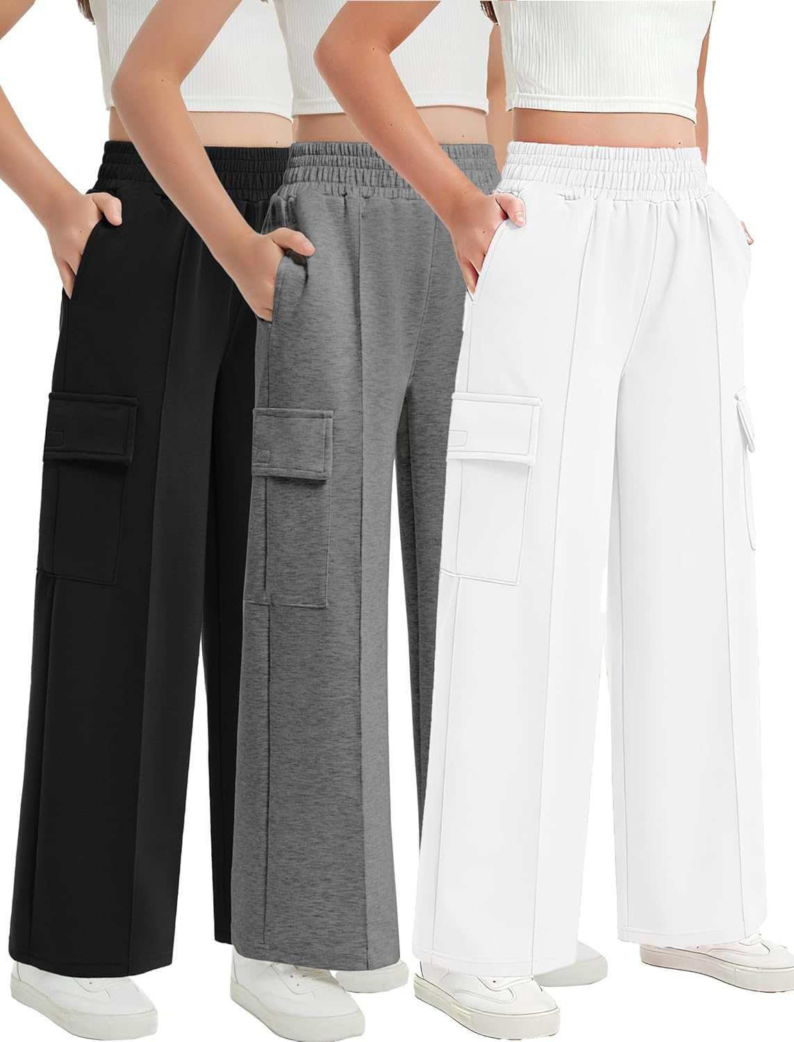 EXARUS Girls Sweatpants Wide Leg Baggy Teen Sweat Pants Cargo/Side Striped/Crossover V Waist Casual with Pockets 6-14Y